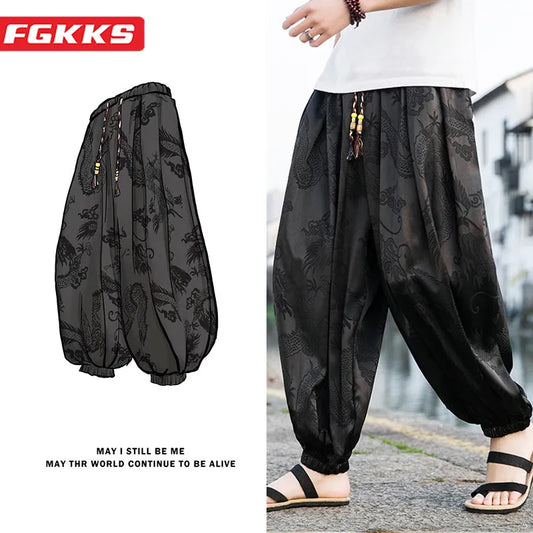 FGKKS 2023 Outdoor Brand Pants For Men Lce Silk Dragon Dark Flower Loose Bloomers High Quality Wide Leg Casual Trousers Male