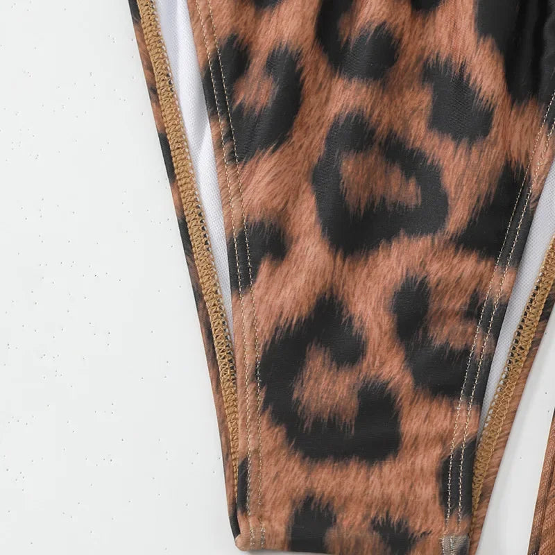 3 PCS Set Women Beach Sexy Leopard Bikini Suit with Cutout Leopard  Sexy Long Bodycon Swimsuit Swimwear Bathing Suit