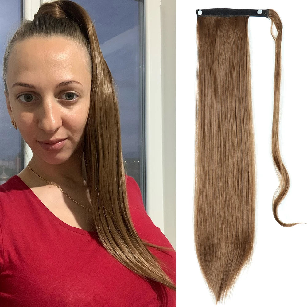 NEW  Synthetic Long Straight Wrap Around Clip In Ponytail Hair Extension Can Be Permed Heat Resistant Pony Tail Fake Hair