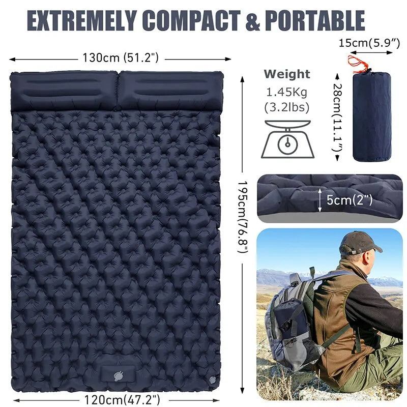 Double Inflatable Mattress with Built-in Pillow Pump Outdoor Sleeping Pad Camping Air Mat for Travel Backpacking Hiking