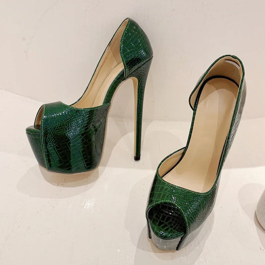 New Green Snake Print Leather Platform Pumps Women Sexy Slingback Peep Toe Extreme High Heels Strip Pole Dance Shoes