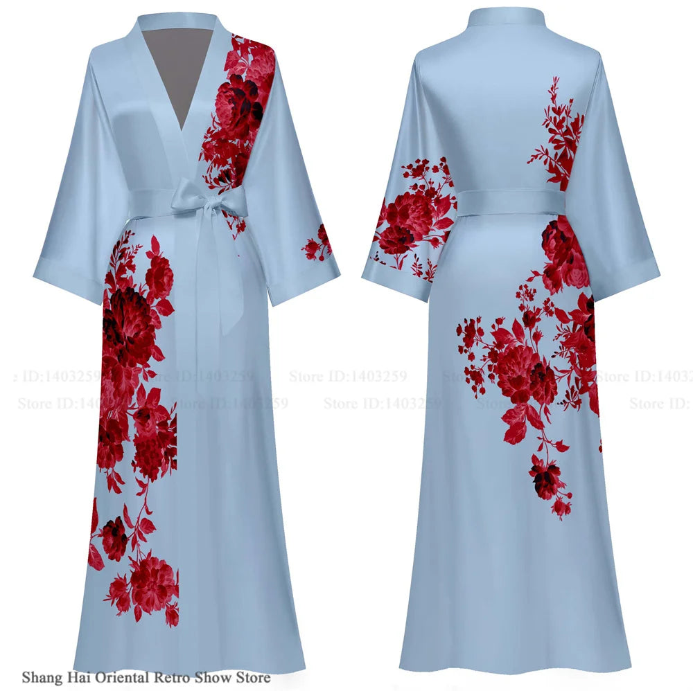 NEW Luxury Japanese Silk Elegant Flower Women Long Robe Loungewear Silky Satin Kimono Bathrobe Gown Spring Autumn New Sleepwear Home Dress Negligee
