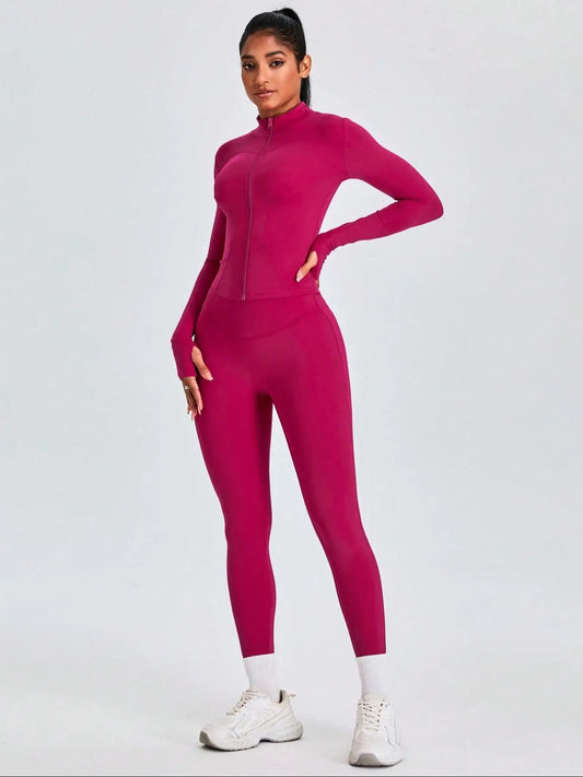 NEW Arrivals 2PCS Set 9 Colors Women's Solid Zip Up-Mock Neck Sports Jacket & High Waist Leggings Set, Sporty Breathable Quick Drying Girls Outdoor Running Hiking Sports Suit