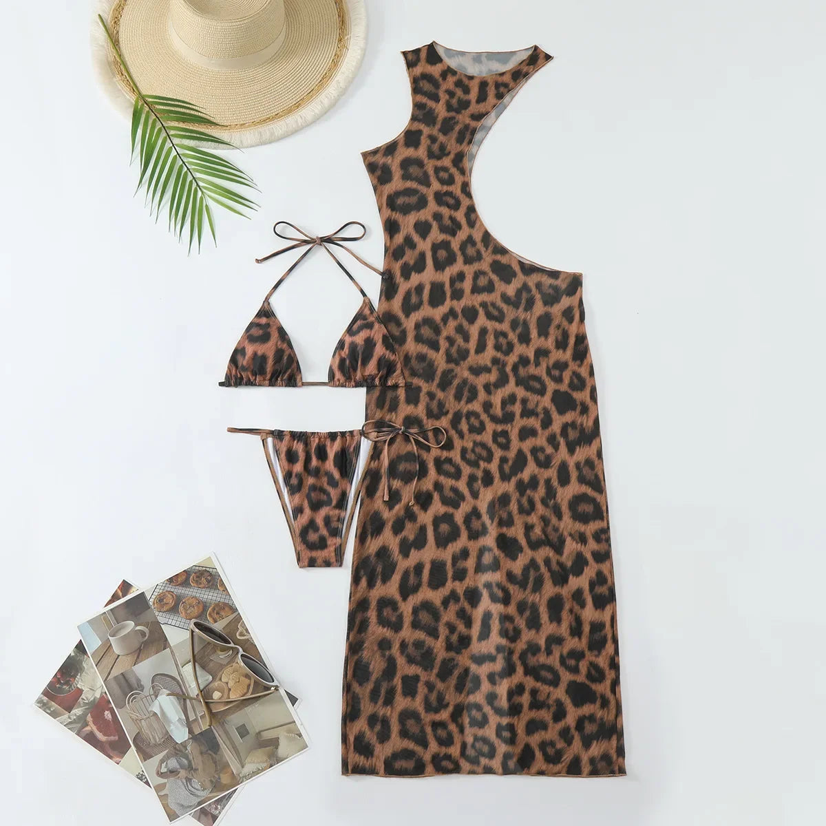 3 PCS Set Women Beach Sexy Leopard Bikini Suit with Cutout Leopard  Sexy Long Bodycon Swimsuit Swimwear Bathing Suit