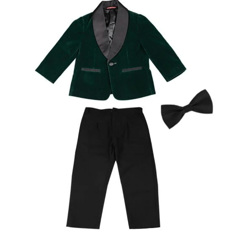 4 PCS Set Green/Black/Red Velvet Suit Luxury Fashion Baby Boy Formal Clothes Set Velvet Jacket Pant Shirt Bowtie Infant Toddler Child Blazer Jacket Baby Clothes Suit 1Y-12Y