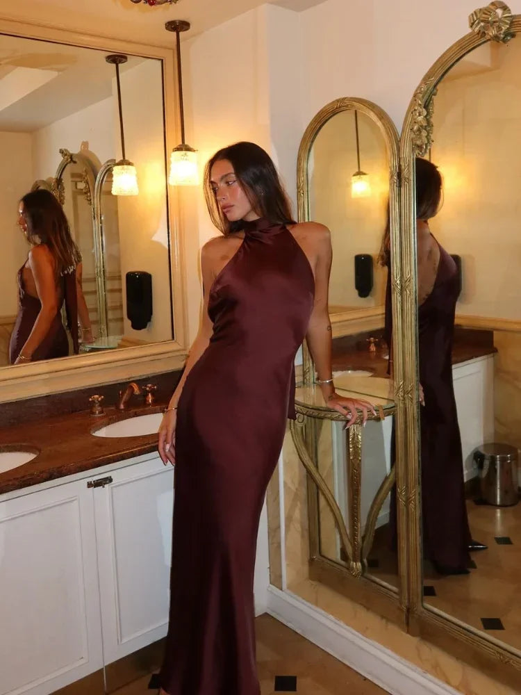 NEW Arrivals Black/Brown Elegant Brown Satin Halter Lace Up Long Dress Sexy Off Shoulder Backless Sleeveless Bodycon Dresses Autumn New Lady Party Luxury Fashion Clothing Supplies