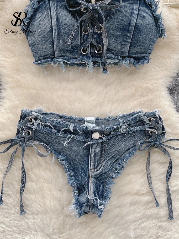 SINGREINY Retro Women Bikini Denim Suits Summer Halter Camis+ Mini Pant Lingerie Fashion Vacation Swimsuits Sexy Bra&Briefs Sets