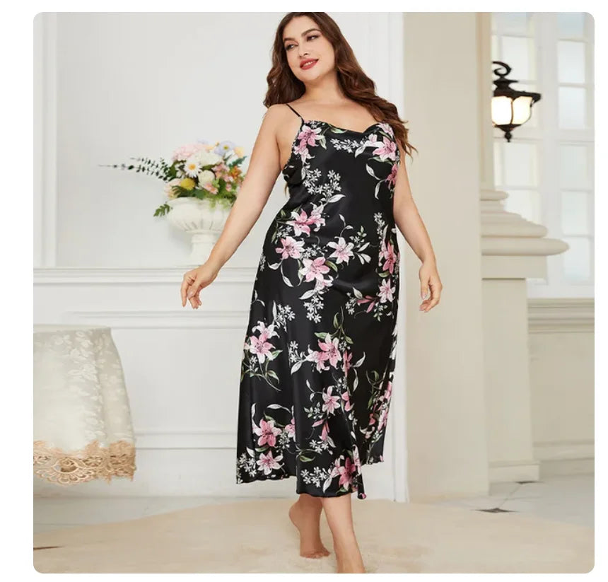 NEW Arrivals XL-5XL Plus Size Sexy Curvy Women Suspender Nightdress Sleepwear Lingerie Summer Ladies Nightgown Loose Silky Satin Dressing Gown Loungewear