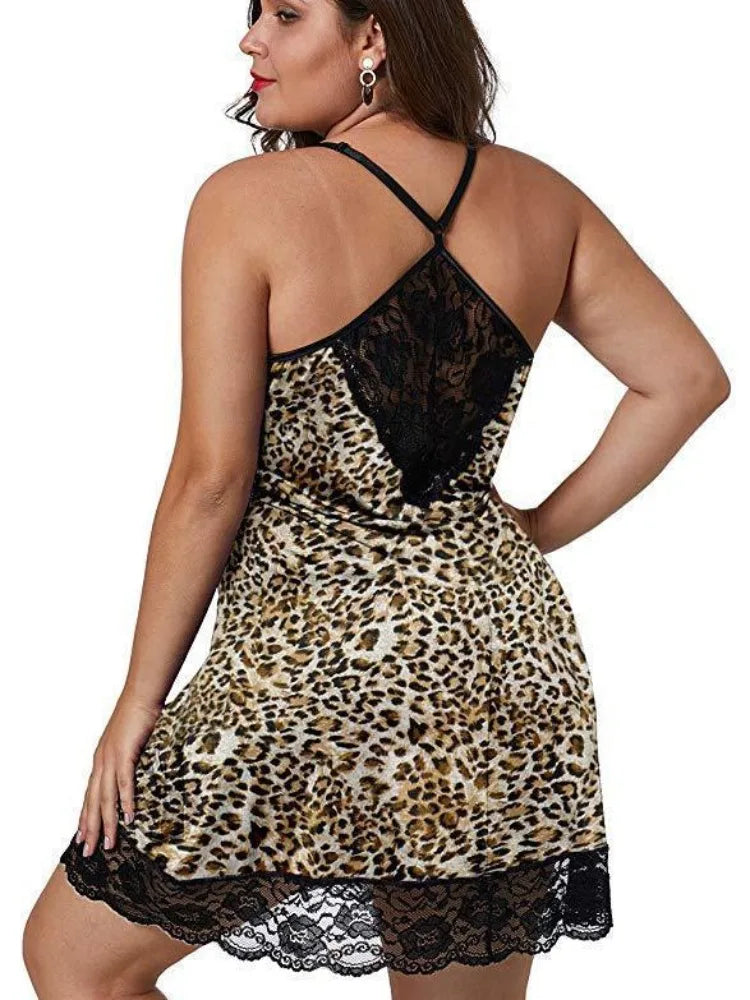 NEW Arrivals S-8XL PLUS SIZE Red/Leopard/Purple/Black Spaghetti Straps Nightgown BBW Curvy Women Summer Lace Satin Sleepwear Sexy Nightdress Ladies Pajamas Home Wear Fashion  Clothes