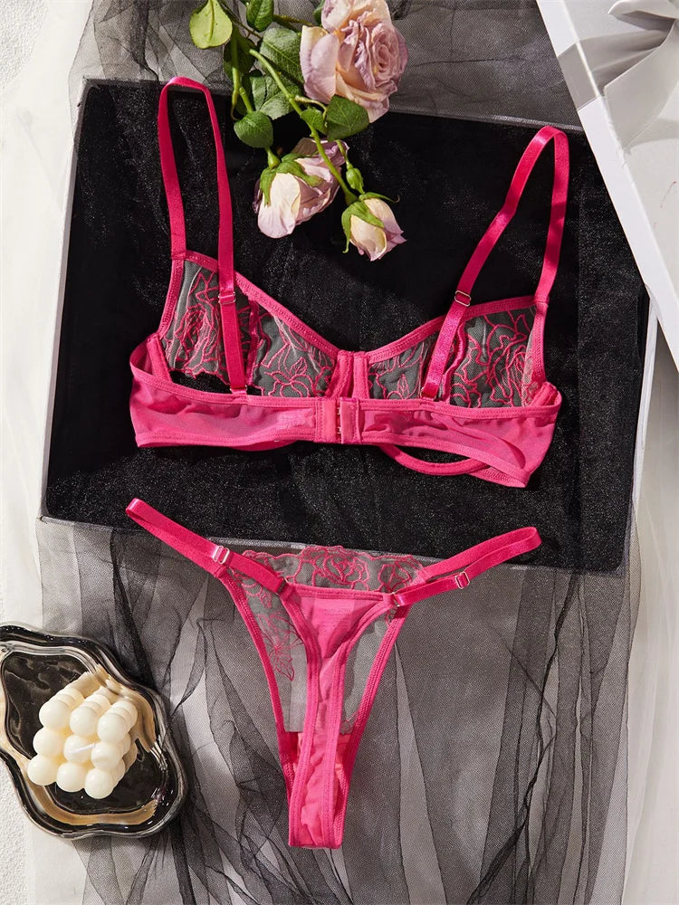 Sexy Rose Embroidery Underwear Tulle Transparent Bra Set Women Fancy Lingerie 2 Pcs Hollow Rose Red Lace Intimate Underwear
