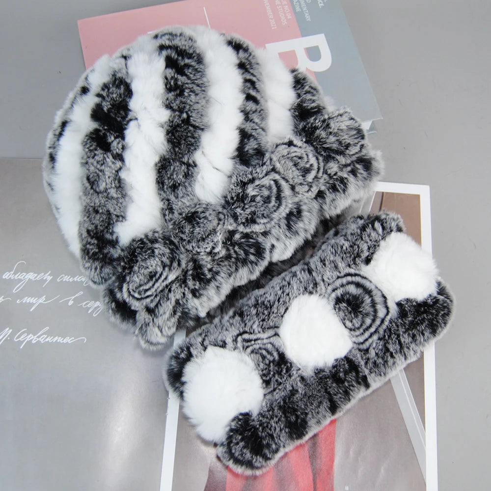 New Arrivals Women Fashion Real Fur Hats Scarves Sets Women Winter Knitted Real Rex Rabbit Fur Hat Scarf Ladies Natural Fur Hats Mufflers Sets Female Girls Luxury Fashion Clothing Products