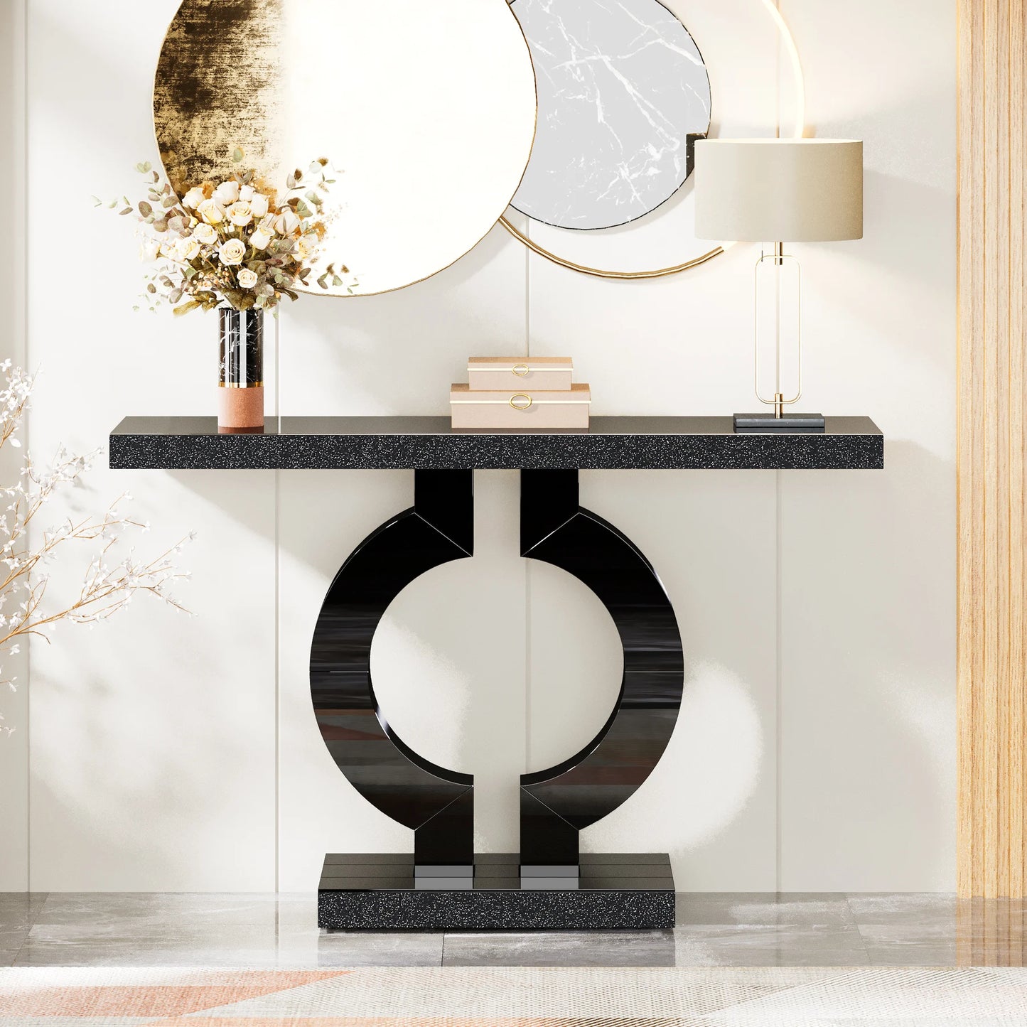Ivory/Black Color 43-Inch Luxury Modern Mirrored Console Table, Glass Sofa Table with Mirror Finish, Entryway Table with O-Shaped Base, Home Furniture Supplies