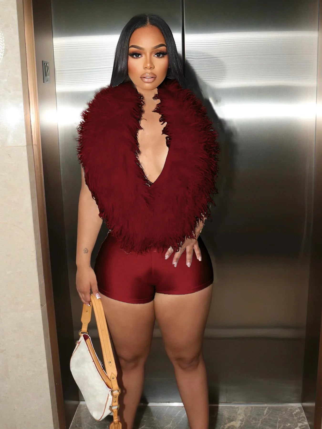 S-2XL UK Plus Size 4 Colors Halter Fur Playsuit Women Sexy Backless Deep V-Neck Summer Hipster Tight Stretch Activity Street Luxury Shorts Romper