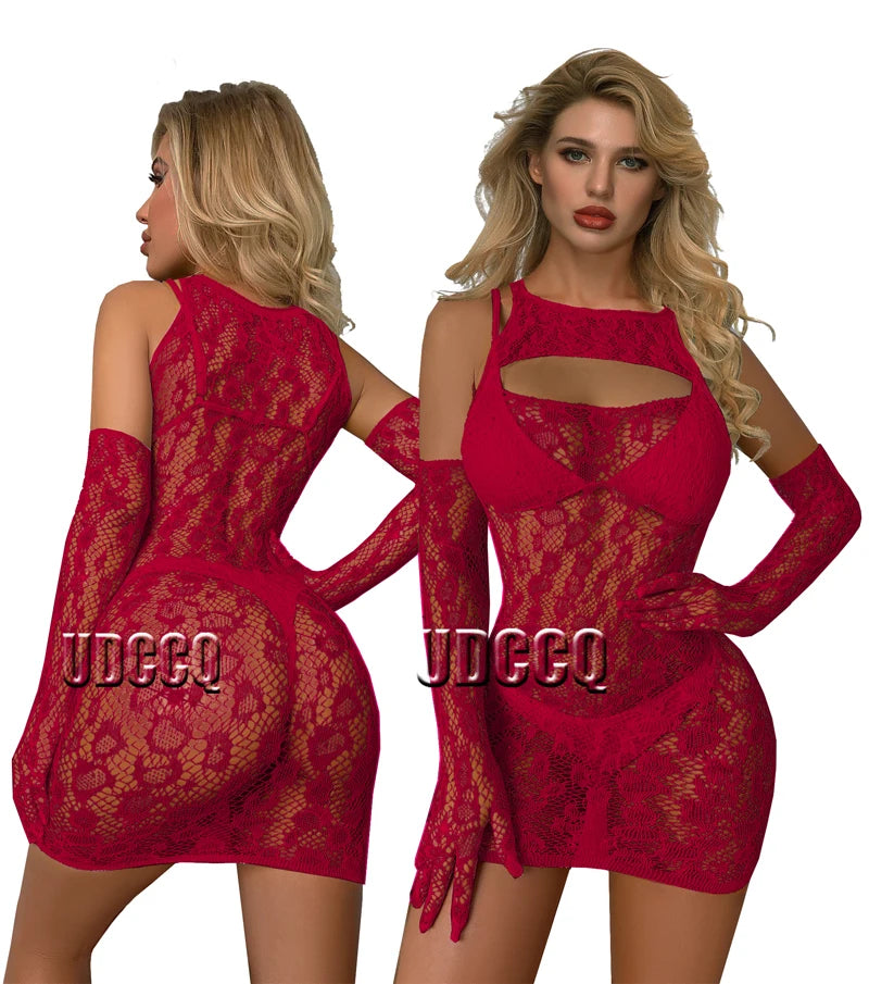 Sexy Sleepwear plus size Lingerie Babydoll Leopard Temptation Intimate Catsuit Nightwear Strapless sexy skirt for sex+Gloves