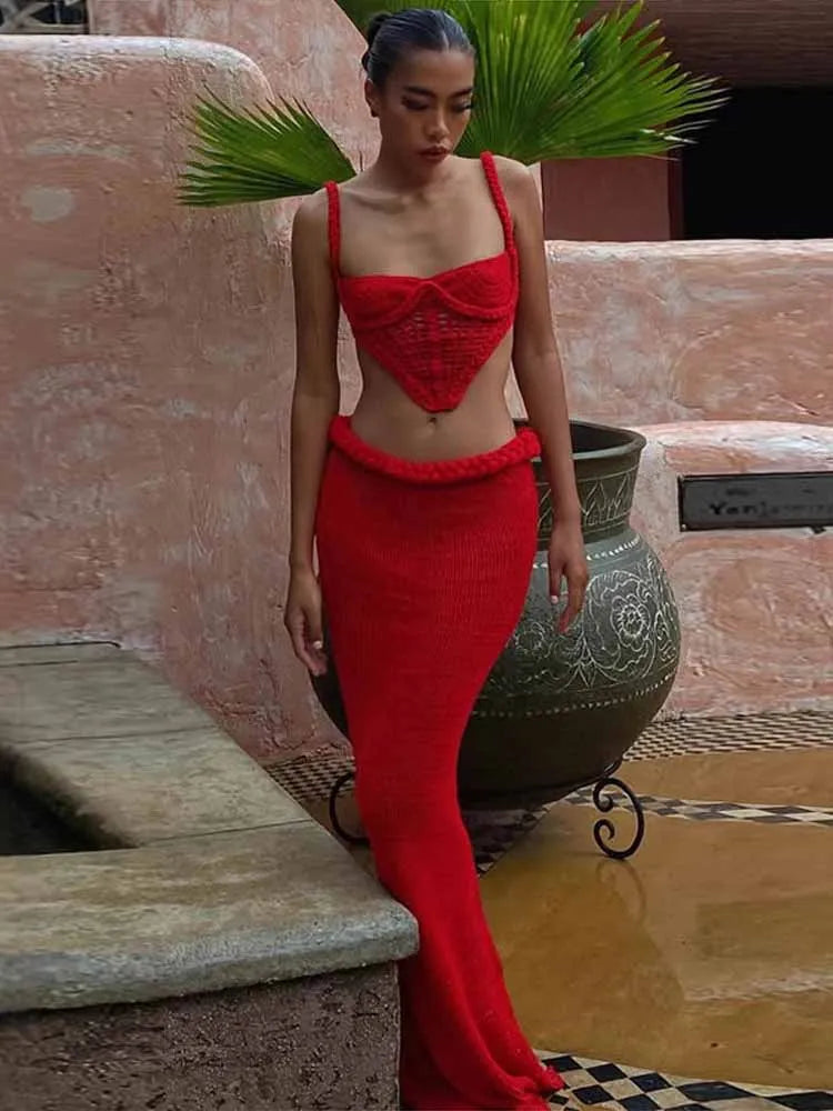 BRAND NEW 2PCS Set  Red/White S(8)-XL(16-18) UK Size Sexy HOT Crochet Knit Skirts Set Women Sexy Hollow Out Lace Up Crop Tops Hip Package Split Long Skirt Ladies Beach Outfits