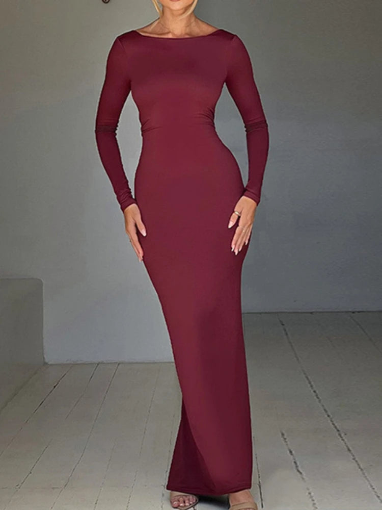NEW Arrivals UK Size Black/Burgundy Color Sexy Hot Open Back Backless Shirring Slim Bodycon Maxi Dress Women Long Sleeved Solid Color Skinny Evening Party Dress Elegant Club Party Maxi Gown