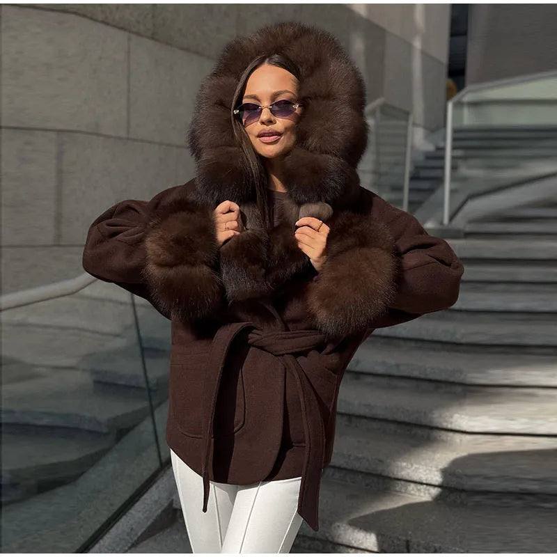 UK Size White/Gray/Brown/Black Color Hoody Mink  Fur Furry Coats Women Fashion Belt Long Sleeve Pocket Thicken Warm Jacket Autumn Winter Urban Lady Streetwear