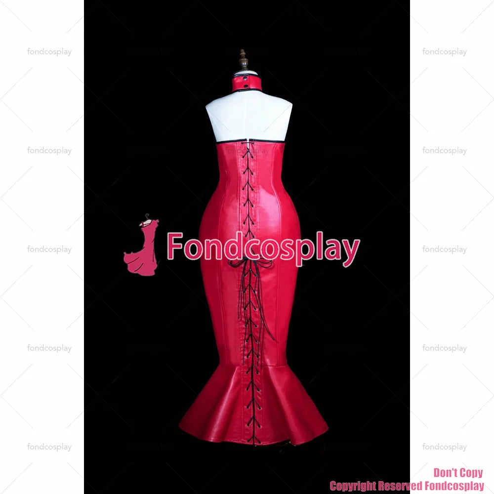 fondcosplay sexy cross dressing sissy maid long red Faux Leather Lace UP Boned Fish tail Corset Party Dress CD/TV[G3837]