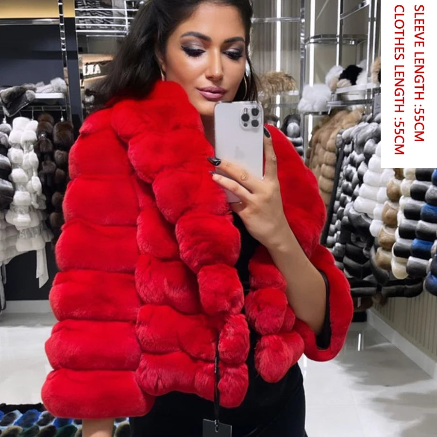 NEW Arrivals XS-4XL 6 Colors Winter Real Rabbit Fur Coat Women Real Fur Coat Female Luxury Natural Rabbit Fur Coat Best Selling High Quality Chinchilla Colors Girls Winter Fashion Clothing Supplies