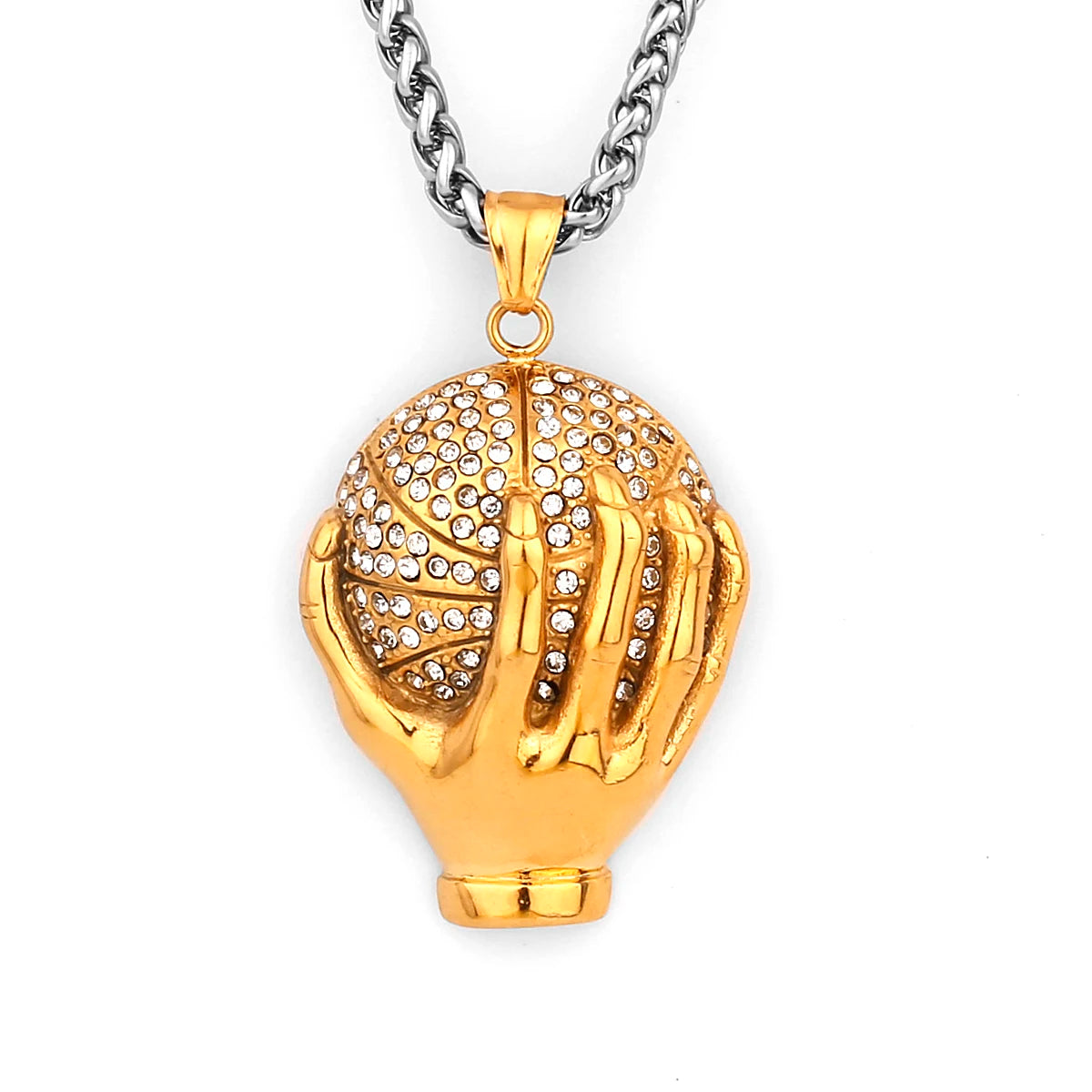 Hip-Hop Trend Golden Hand Basketball Necklace + Chain Stainless Steel Pendant Men's Fashion Street Hip-Hop Rap Male Pendant Necklace Jewelry Accessories