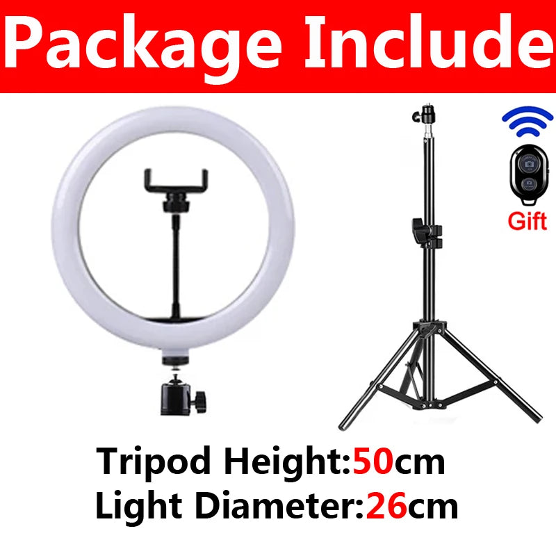 Home Studio Social Media Live Streaming Tools 16/26/33cm LED Selfie Light Photography Lights With Tripod Bluetooth Remote Control Dimmable Ring Light For Video Live Fill Lamp
