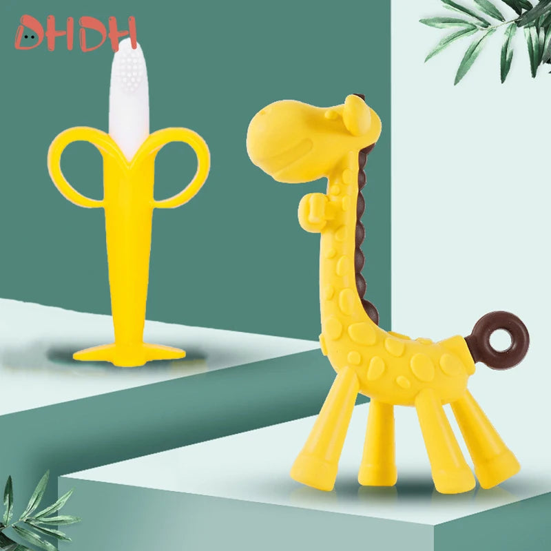 2 PCS Set Baby Medical Silicone Teething Training Toothbrush BPA Free Banana Shape Safe Toddle Teether Chew Toys Teethers Soothe Babies Gums