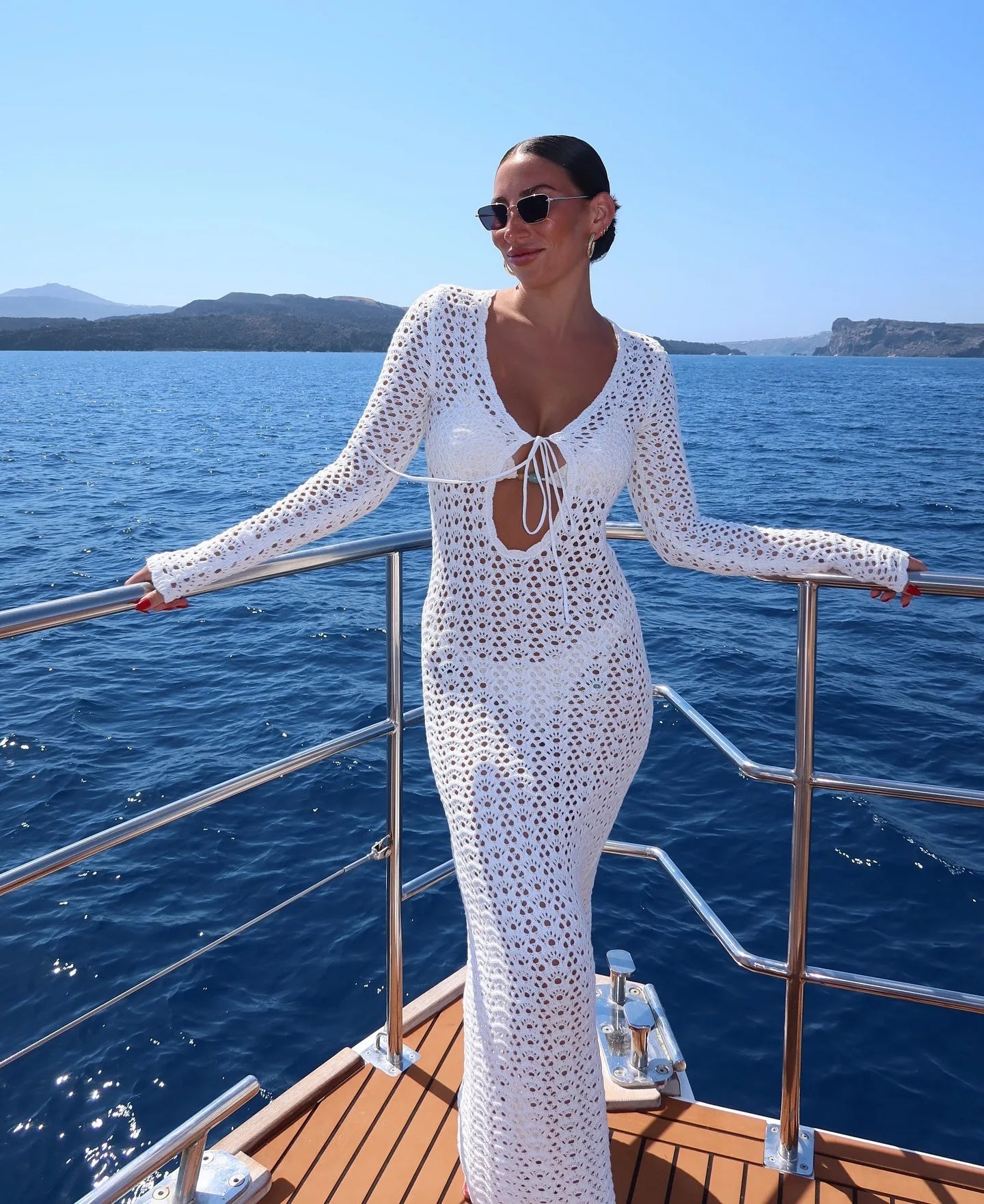 NEW Handmade Sexy Cut Out Beachwear Swimsuit Cover Up  Women Summer Autumn Boho White Knit Long Sleeve V Neck Tie Beach Maxi Dress A2970
