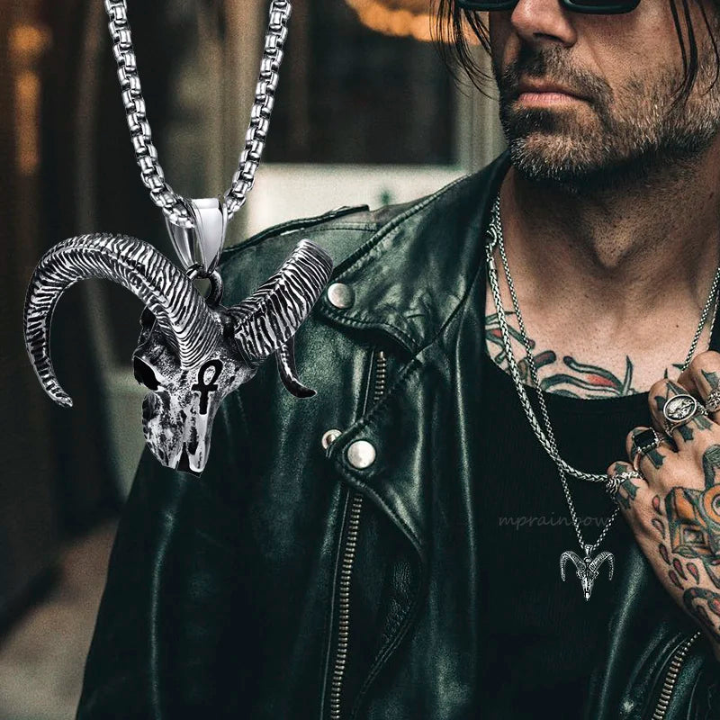 Baphomet Satanic Goat Head Skull Pendant, Satan Stainless Steel Goth Punk Style Necklace, Lucifer, Halloween, Devil Jewelry Accessories