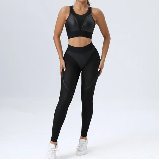 Honeycomb Patchwork Gym Workout Set Women Sportswear 2 Piece Clothing Yoga Suit for Fitness Activewear Female Sport Outfit Black