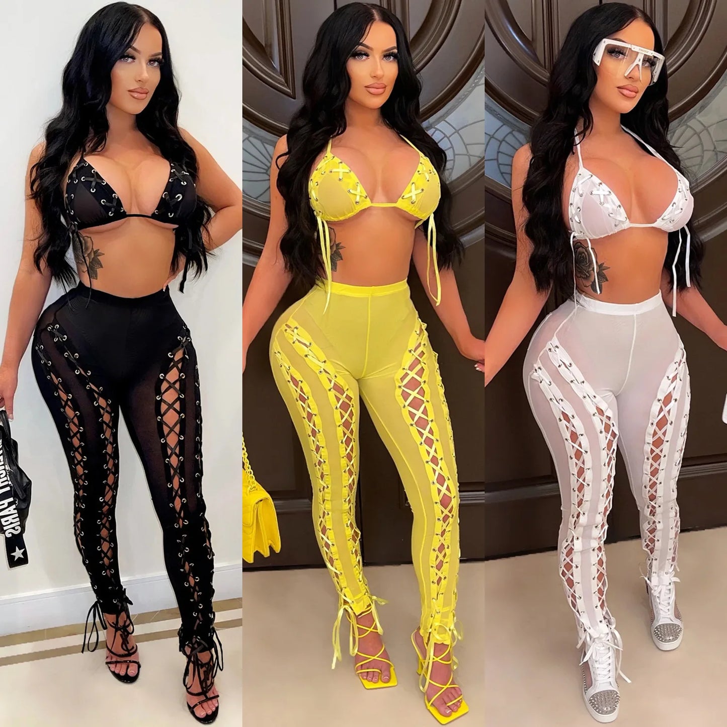 NEW 2 PCS Set  Fashion Women's Sexy Solid Color Mesh Perspective Hollow Sleeveless Tank Top Pants Sexy Evening Party Night Clubwear See Through Suit