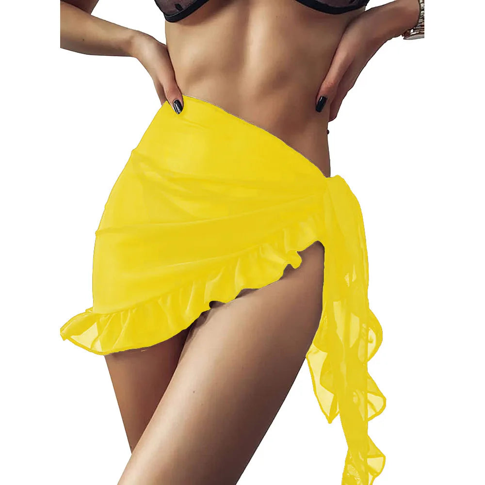 NEW Arrivals 21 Colors/Patterns Sexy Swimsuit Cover-Ups for Women Ruffle Hem Sarong Beach Brazilian Bikini Wrap Sheer Short Skirt Chiffon Scarf for Swimwear Ladies Girls Sexy Beach Wear
