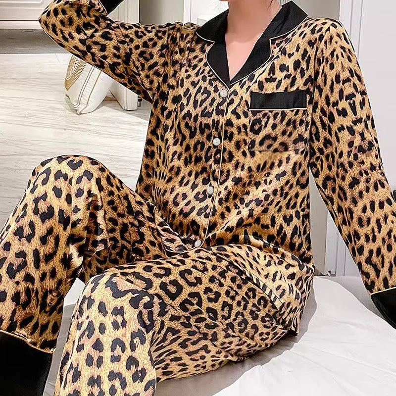 NEW Arrivals Sexy Leopard Silk Autumn Pajamas Women's Long-sleeved Suit High-End New Ice Silk Trousers Loungewear Trendy Loungewear Ladies Girls Luxury Home Wear Clothing Supplies