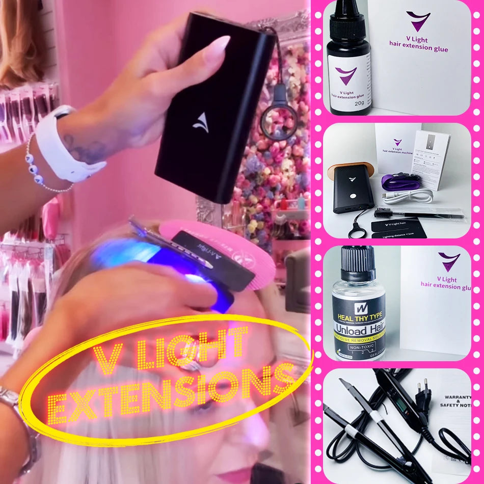 NEW V-Light Technology Professional Hair Extension Machine Full Set Black Hair Extension Tools Kit Set  for Human Hair Extension with V light Hair Glue Women Hair Care Supplies