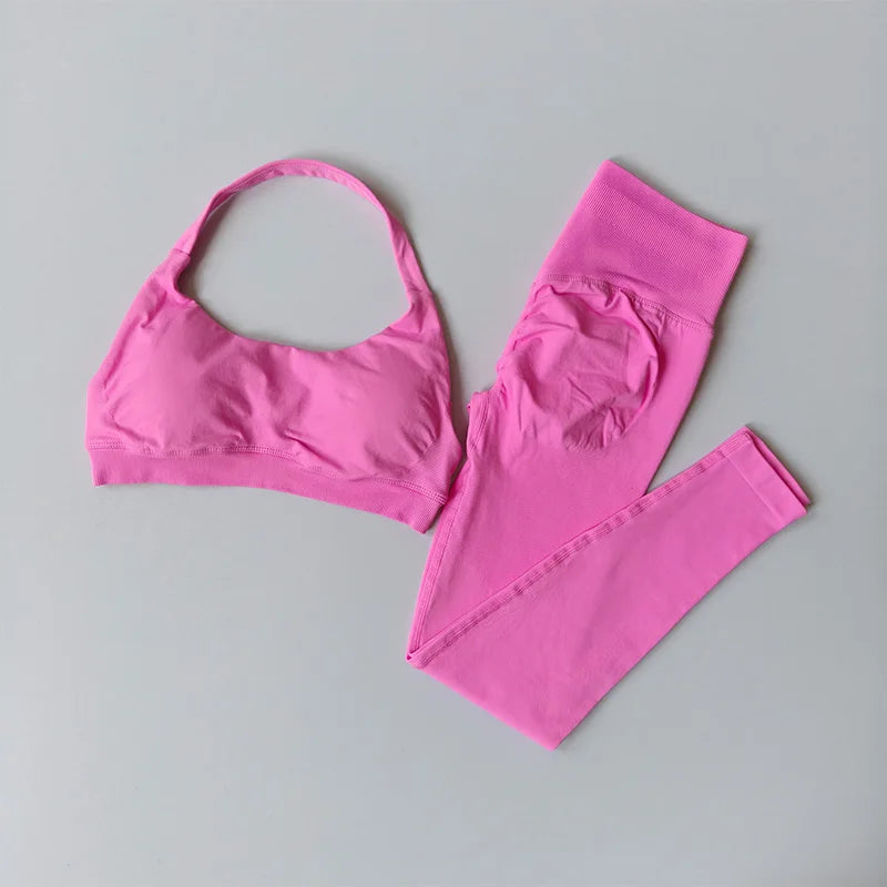 2 PCS Set 12 Colors Sports Suit Women's Running Seamless Yoga Thin Straps Beautiful Back Fitness Bras Gym High-waisted Peach Leggings Sets