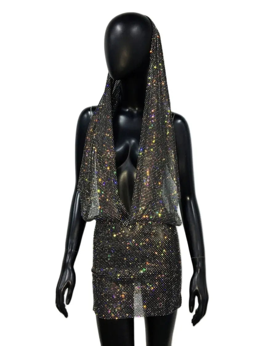 NEW Arrivals UK Size White/Black Color Y2K Streetwear See Through Mesh Women Dress Shiny Rhinestone Bandana Head Wraps Dress Rave Festival Women Clothing For Nightclub