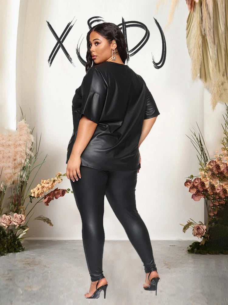 2 PCS Set XL-5XL Plus Size For Curvy Women and Big Girls Summer Clothes Leather Night Clubwear Outfit  Short Sleeve Blouse Top and Stretchy Leggings Ladies Suits in Black