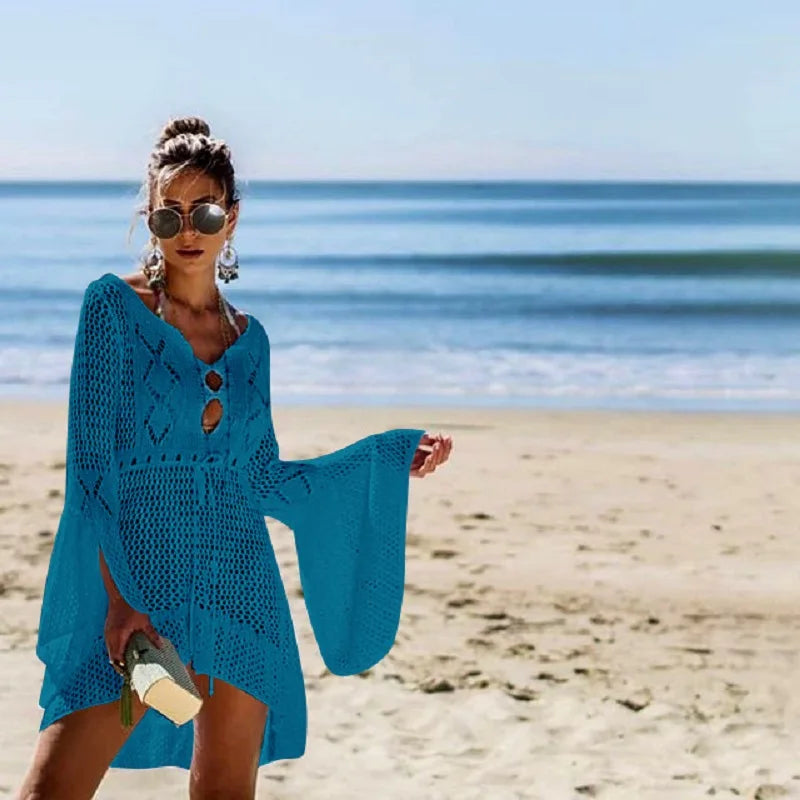 NEW Arrivals 7 Colors Sexy Cover Up Bikini Women Swimsuit Cover-Up Beach Bathing Suit Beach Wear Knitting Swimwear Mesh Beach Dress Tunic Mini Dress