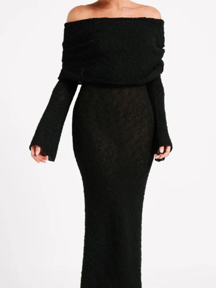 White Mini and Maxi Sexy See Through Dress Slash Neck Knitted Dress Women Thin Autumn Spring Summer Long Sleeve Elegant Vacation Beach Party Midnight Clubwear Mini Bodycon