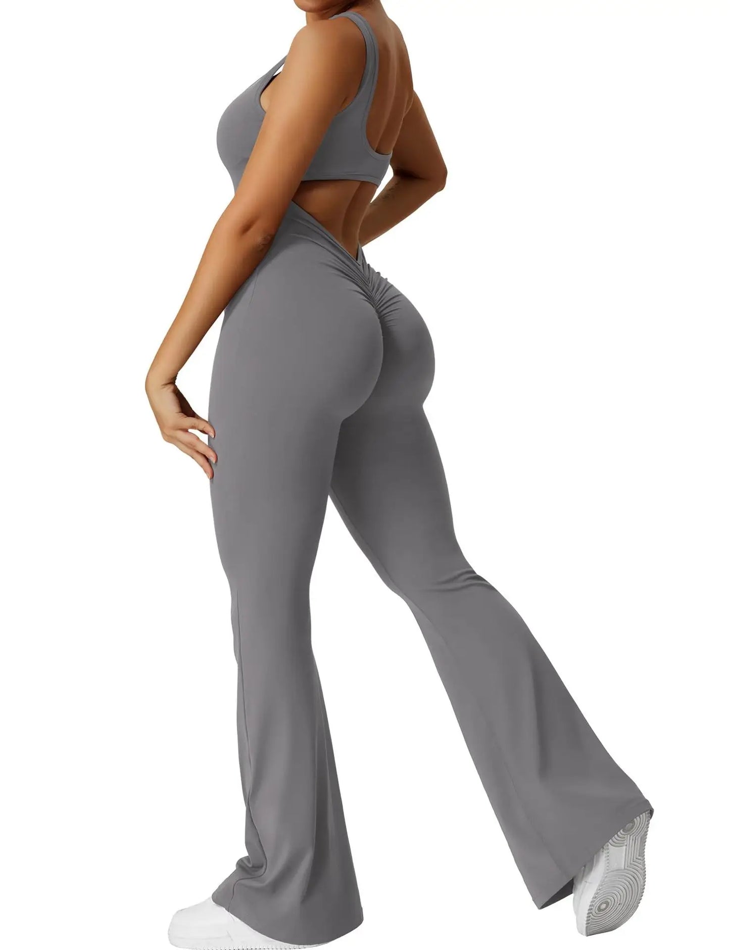 5 Colors S-XL Size Women's Fitness Flared Bodysuit Sexy Backless Fitness Tight Waistband Hipless Yoga Bodysuit V Back Waistband Hip Lift Female Apparel Sports Clothing Supplies