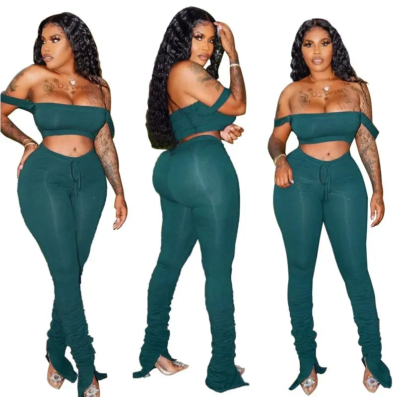 Women Tracksuit Suit 2 Piece Set Skinny Elastic Strapless Tops and Fold Slit Thin Pants Casual Female Sweatshirt Sportswear Suit