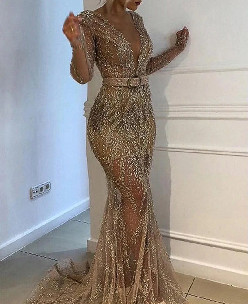 Low-Price Sales are Limited New Style S-2XL Women's Evening Luxury Wedding Birthday Party Outfit Night Clubwear Business Dinner Full Dress Sexy Sequin Long Sleeve Bridesmaid Dress Girls Ladies Luxury Fashion Clothing Supplies