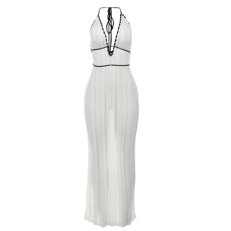 NEW Arrivals Sexy Elegant Halter Dress Women Female Summer Evening Beach Party Night Clubwear Backless Lace-Up Color-Block Sleeveless Trendy Ladies Girls Wild Fashion Clothing Supplies