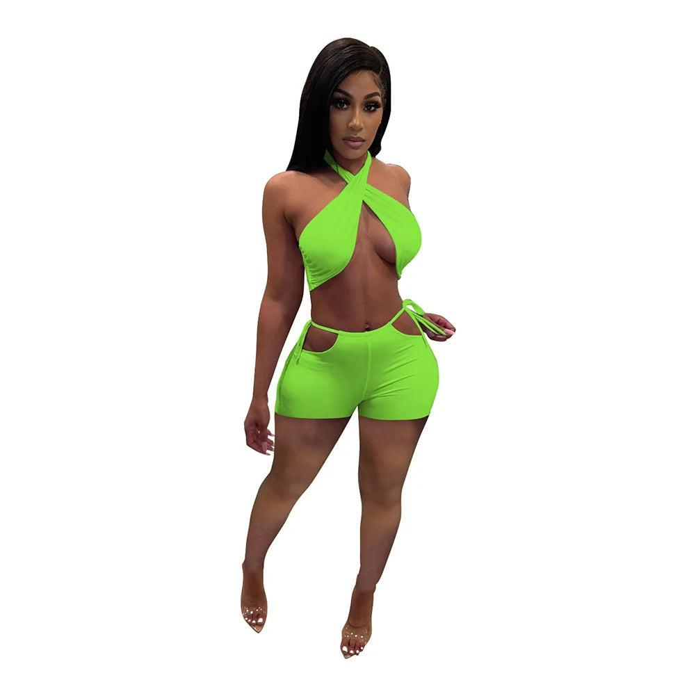 NEW Arrivals 2PCS Set 9 Colors Women Sexy Ruched Bandage Criss Cross Solid Hot Women Spring Summer Backless Evening Beach Party Night Club Crop Top and Shorts Matching Set