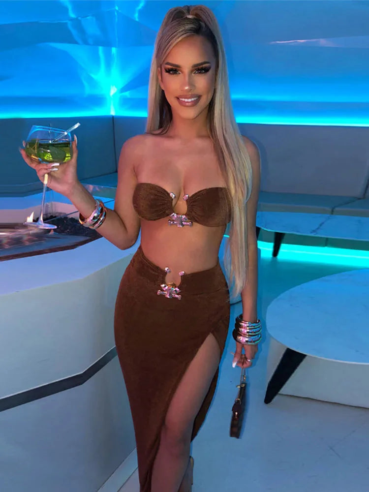 Low-Price Sales are Limited NEW 2PCS Set Velvet Sexy Strapless Crop Tube Top High Waist Slit Maxi Dress Fall Women Female Streetwear Evening Beach Party Night Club Outfit Sexy Dress Girls Ladies Luxury Fashion Clothing Suppli