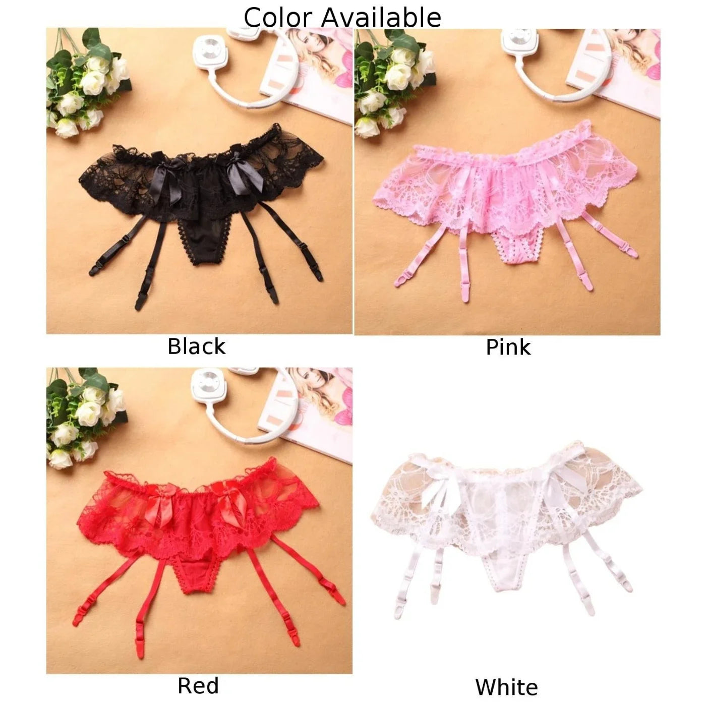 Ladies Women Crotch Less Set Thong With Garter Hooks Cute Girly Bow Lace Sexy Lingerie Solid Fashion Clothing Supplies