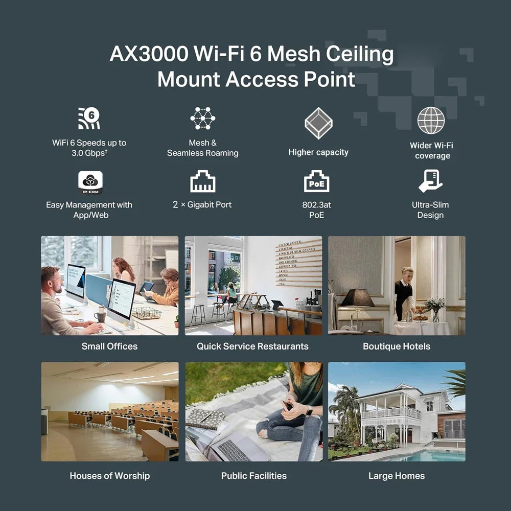Business Office AX3000 WI-FI 6 Wireless Ceiling Access Point Support Mesh Seamless Roaming MU-MIMO Poe Powered Dual-Band WI-FI Range Extender