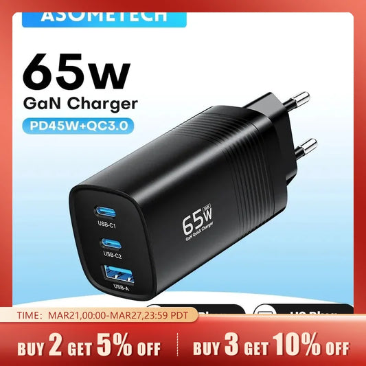 ASOMETECH GaN USB Type C Charger 65W 45W PPS PD QC4.0 Quick Charger For Macbook Laptop IPAD Tablet iPhone 14 Samsung S23 Ultra