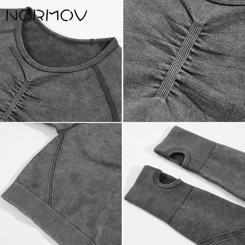 NORMOV 2Pcs Gym Women Sets Seamless Yoga Set High Waist Gym Sportwear Push Up Sport Workout Sets Fitness Long Sleeve Gym Suit