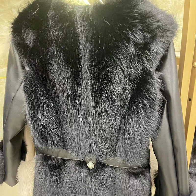 NEW Arrivals Leather Patchwork Faux Fox Fur Jacket Women Winter Warm Snow Outerwear Belted Plush Coat Elegant Fluffy Jackets High Quality Furry Overcoat Ladies Girls Luxury Fashion Clothing Supplies