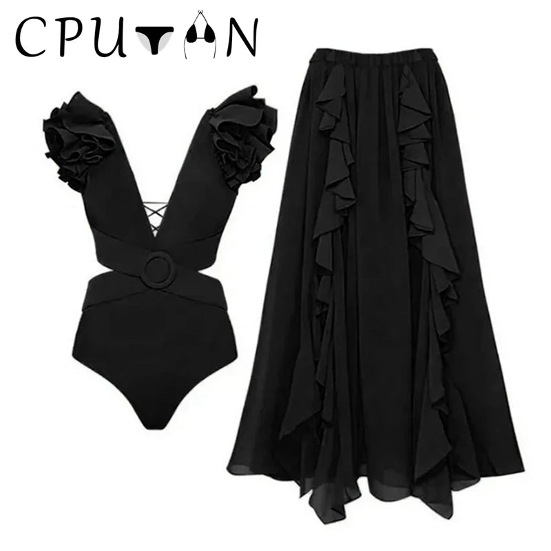 CPUTAN 2024 New Sexy 3D Flower Bikini Set Red Ruffle High Waist Bathing Suit Dress Beach Skirt Brazilian Biquini Swimwear Women